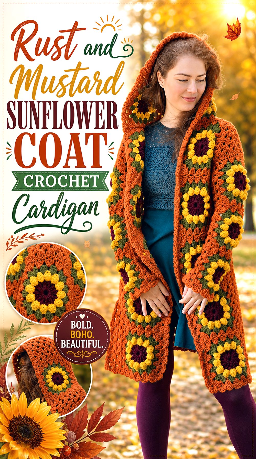 Rust and Mustard Sunflower Coat Crochet Cardigan