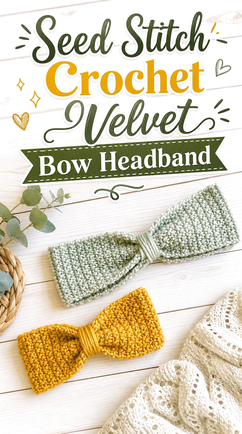 Seed Stitch Crochet Velvet Bow Headband