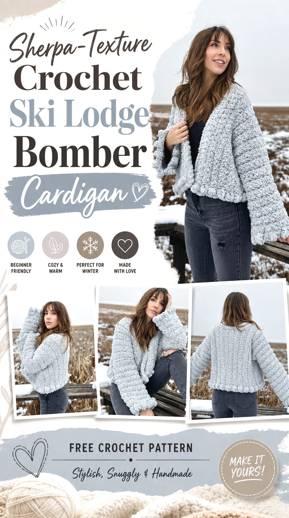 Sherpa Texture Crochet Ski Lodge Bomber Cardigan