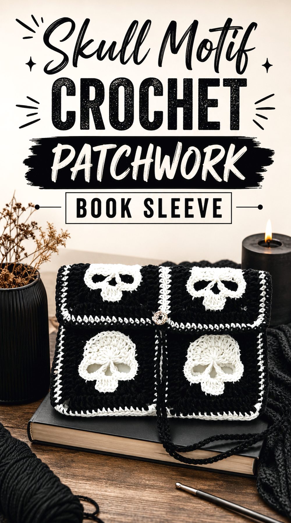 Skull Motif Crochet Patchwork Book Sleeve