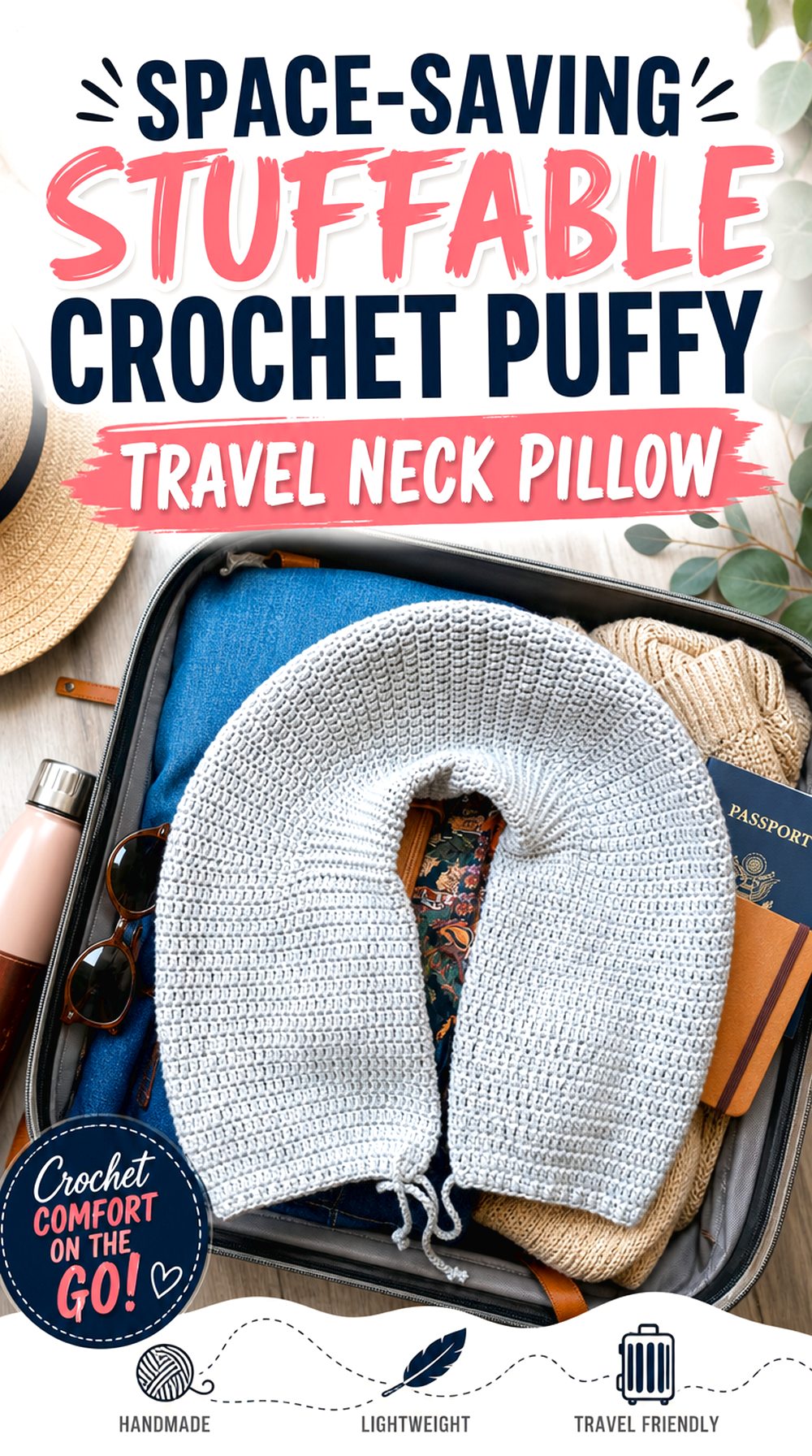 Space Saving Stuffable Crochet Puffy Travel Neck Pillow