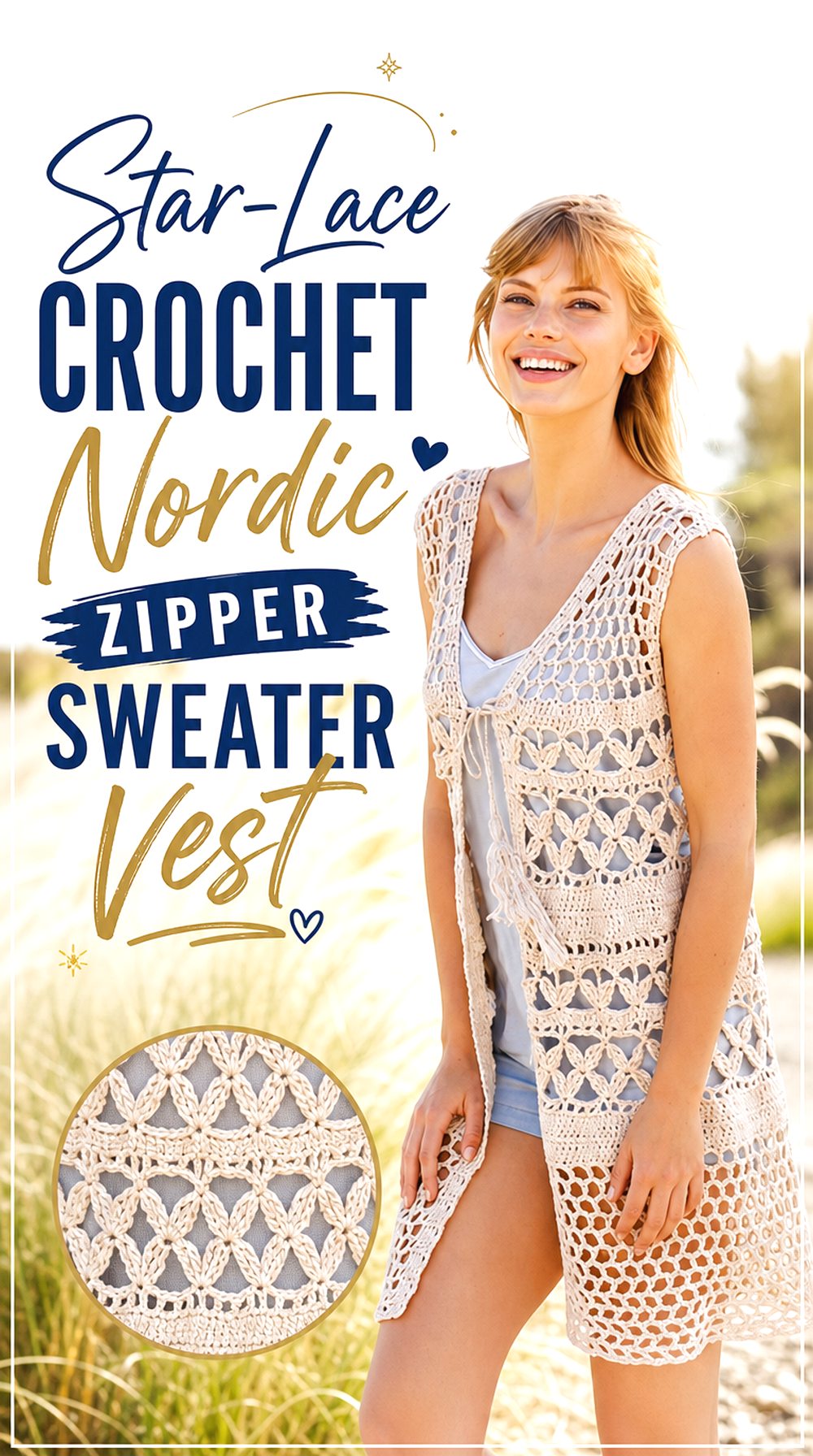 Star Lace Crochet Nordic Zipper Sweater Vest