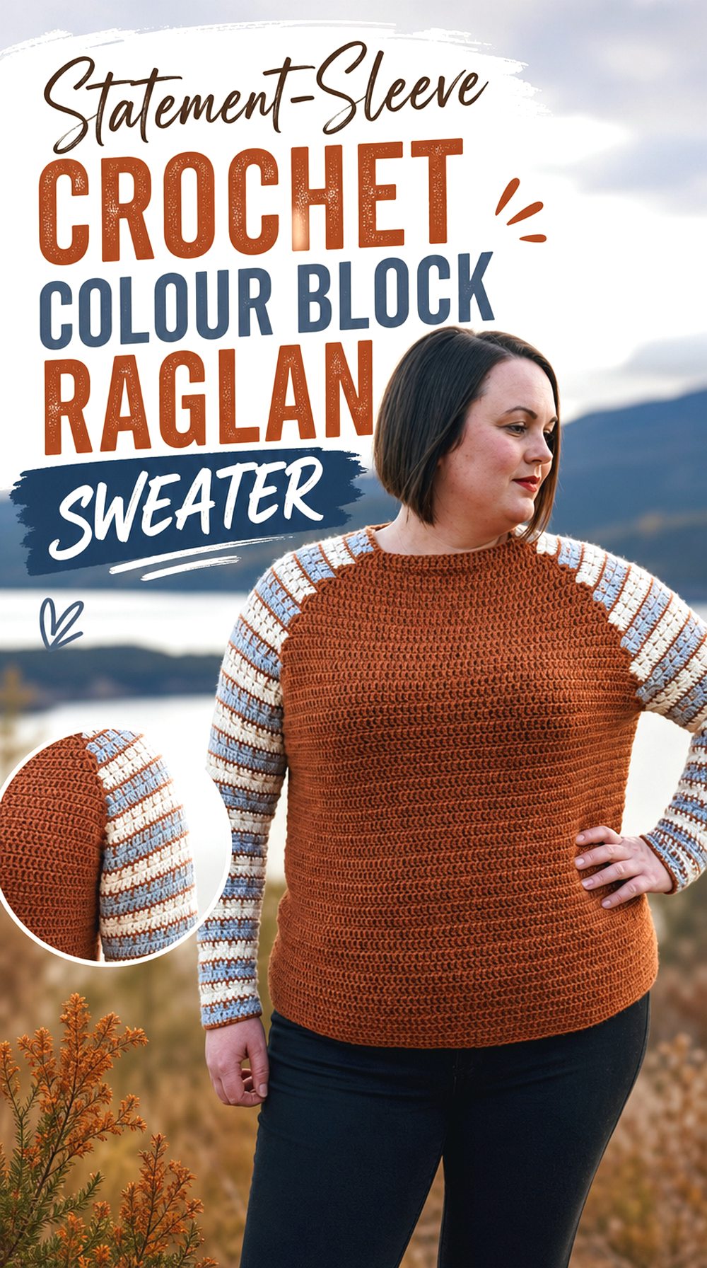 Statement Sleeve Crochet Colour Block Raglan Sweater