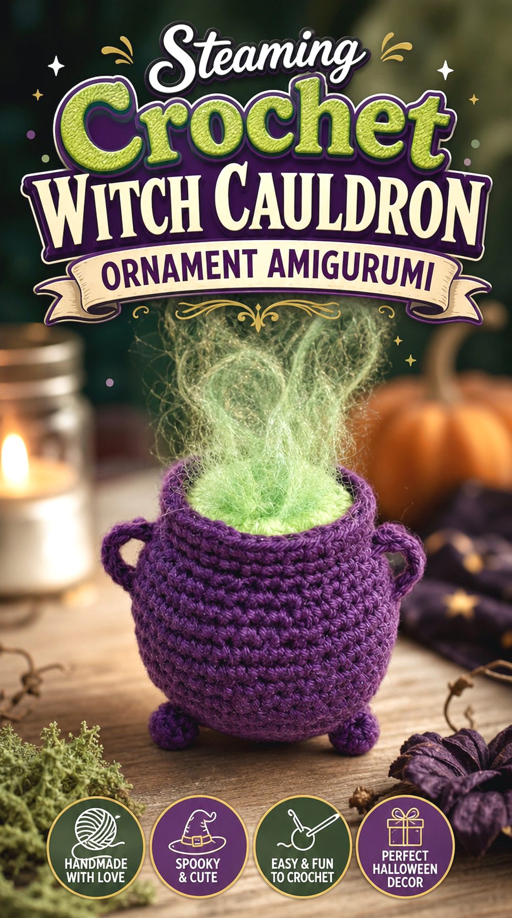 Steaming Crochet Witch Cauldron Ornament Amigurumi