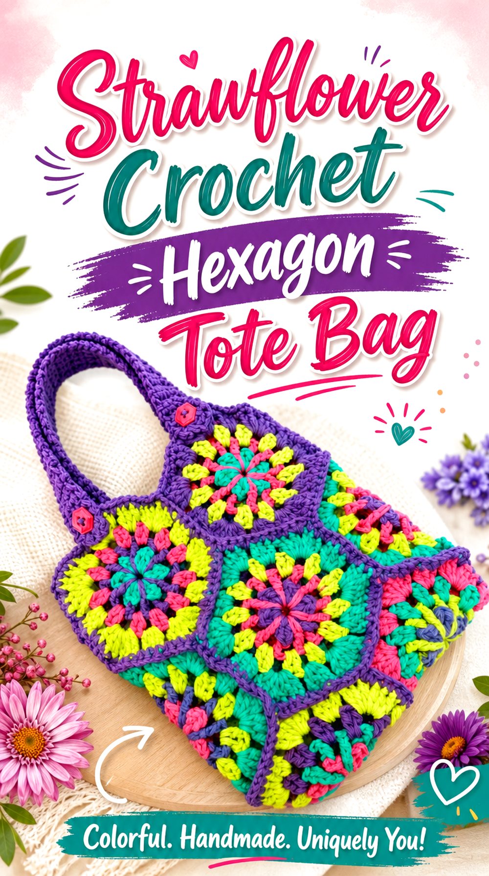 Strawflower Crochet Hexagon Tote Bag