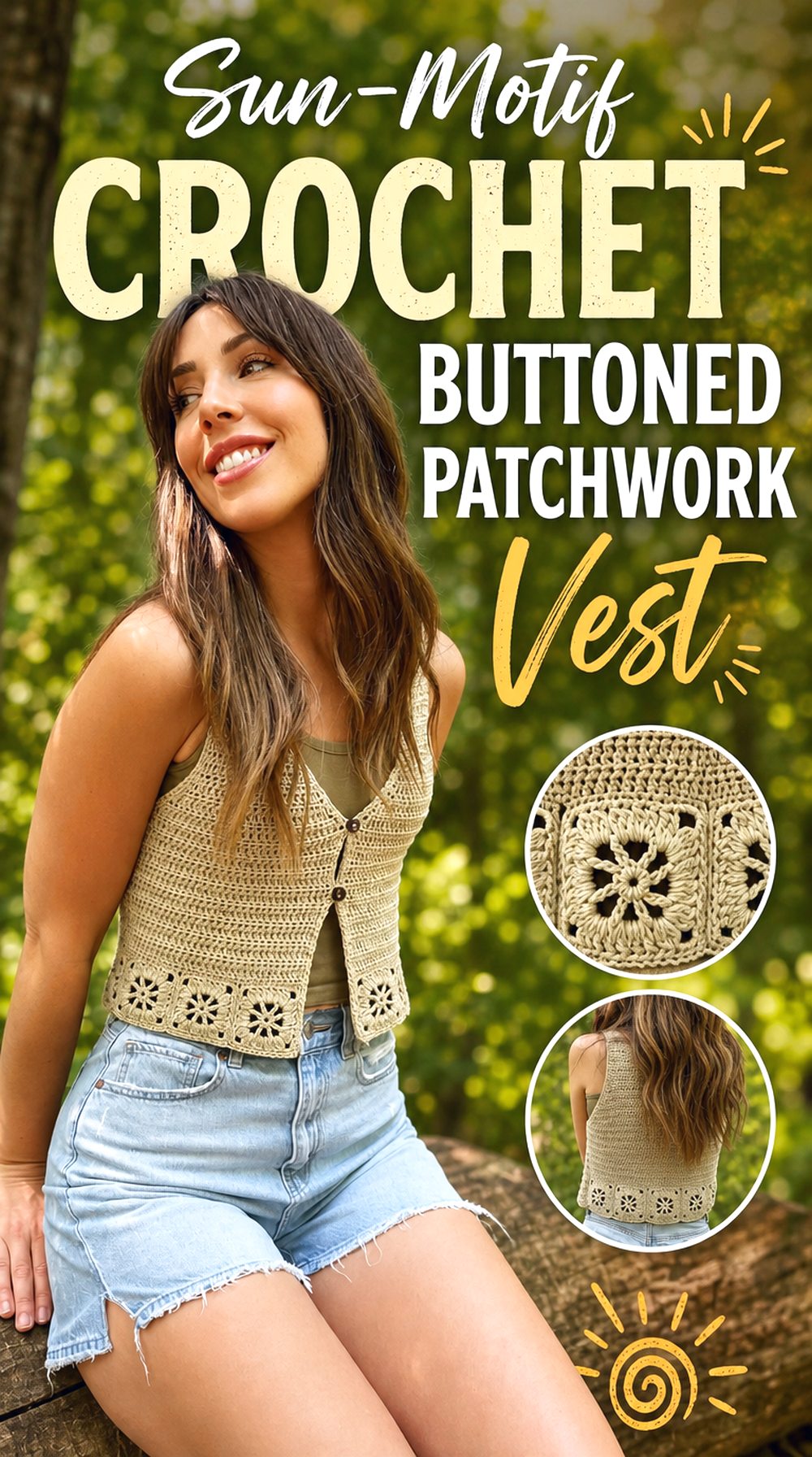Sun Motif Crochet Buttoned Patchwork Vest