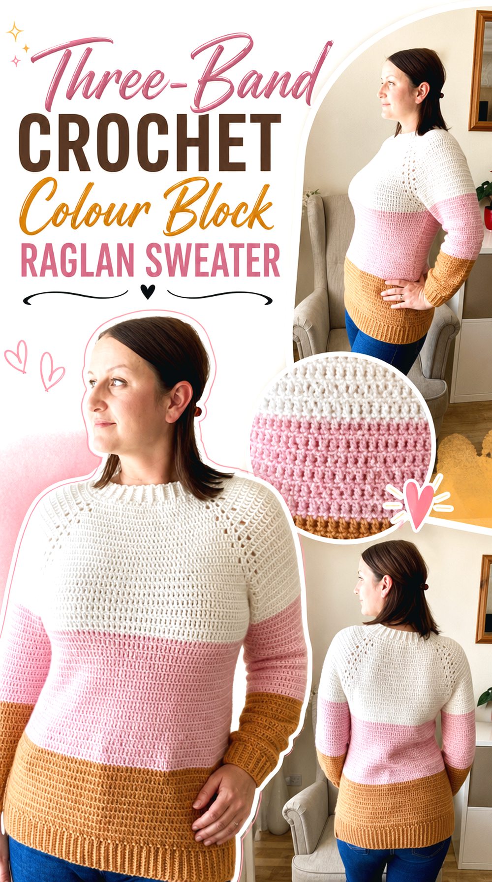 Three Band Crochet Colour Block Raglan Sweater