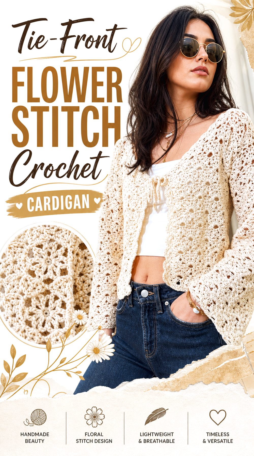Tie Front Flower Stitch Crochet Cardigan