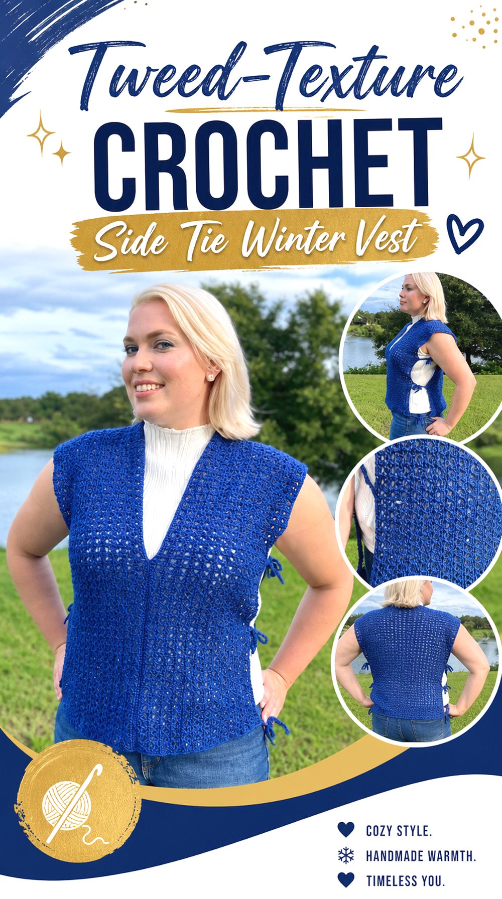 Tweed Texture Crochet Side Tie Winter Vest