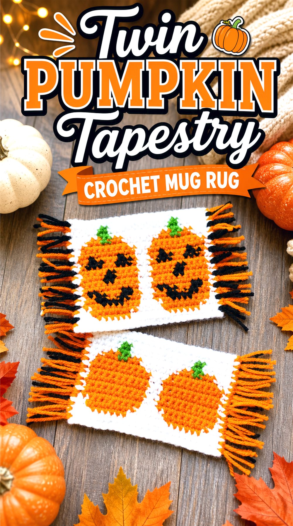 Twin Pumpkin Tapestry Crochet Mug Rug