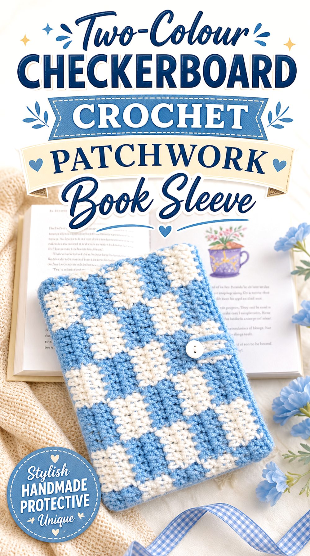 Two Colour Checkerboard Crochet Patchwork Book Sleeve