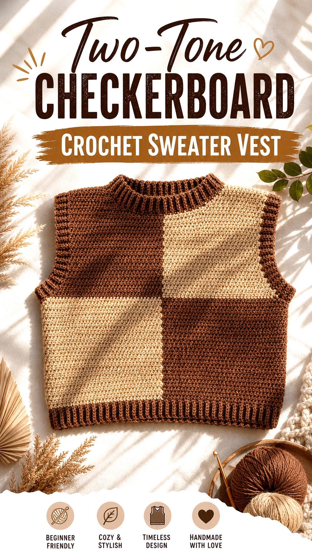 Two Tone Checkerboard Crochet Sweater Vest