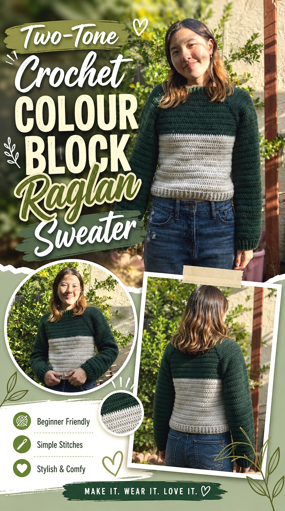 Two Tone Crochet Colour Block Raglan Sweater