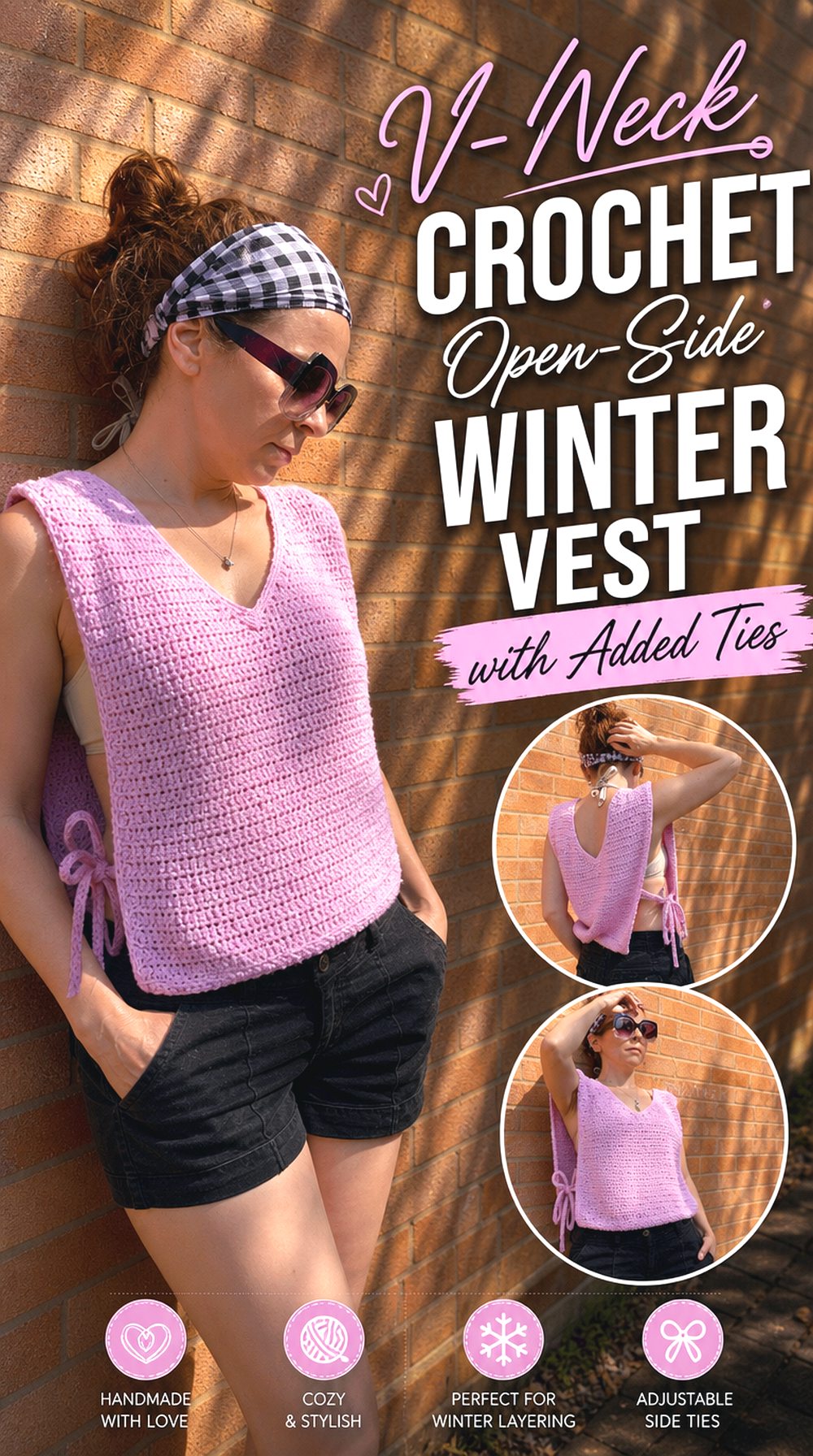 V Neck Crochet Open Side Winter Vest with Added Ties
