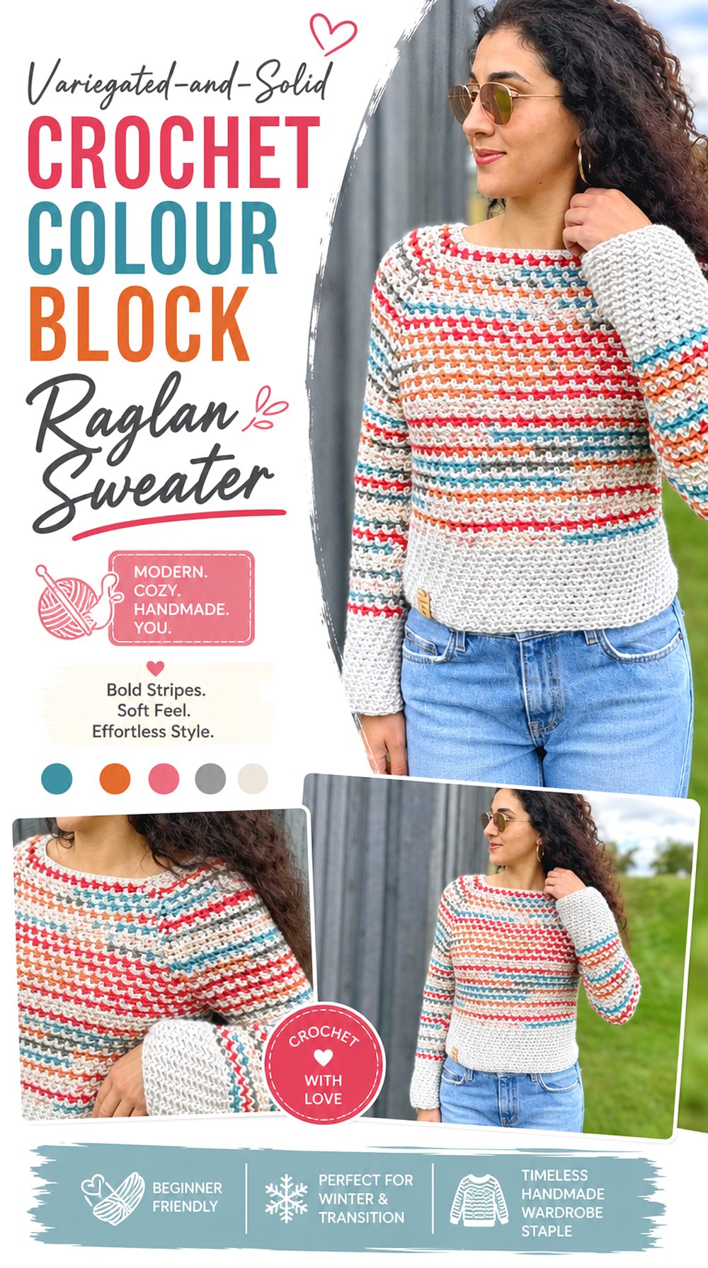 Variegated and Solid Crochet Colour Block Raglan Sweater