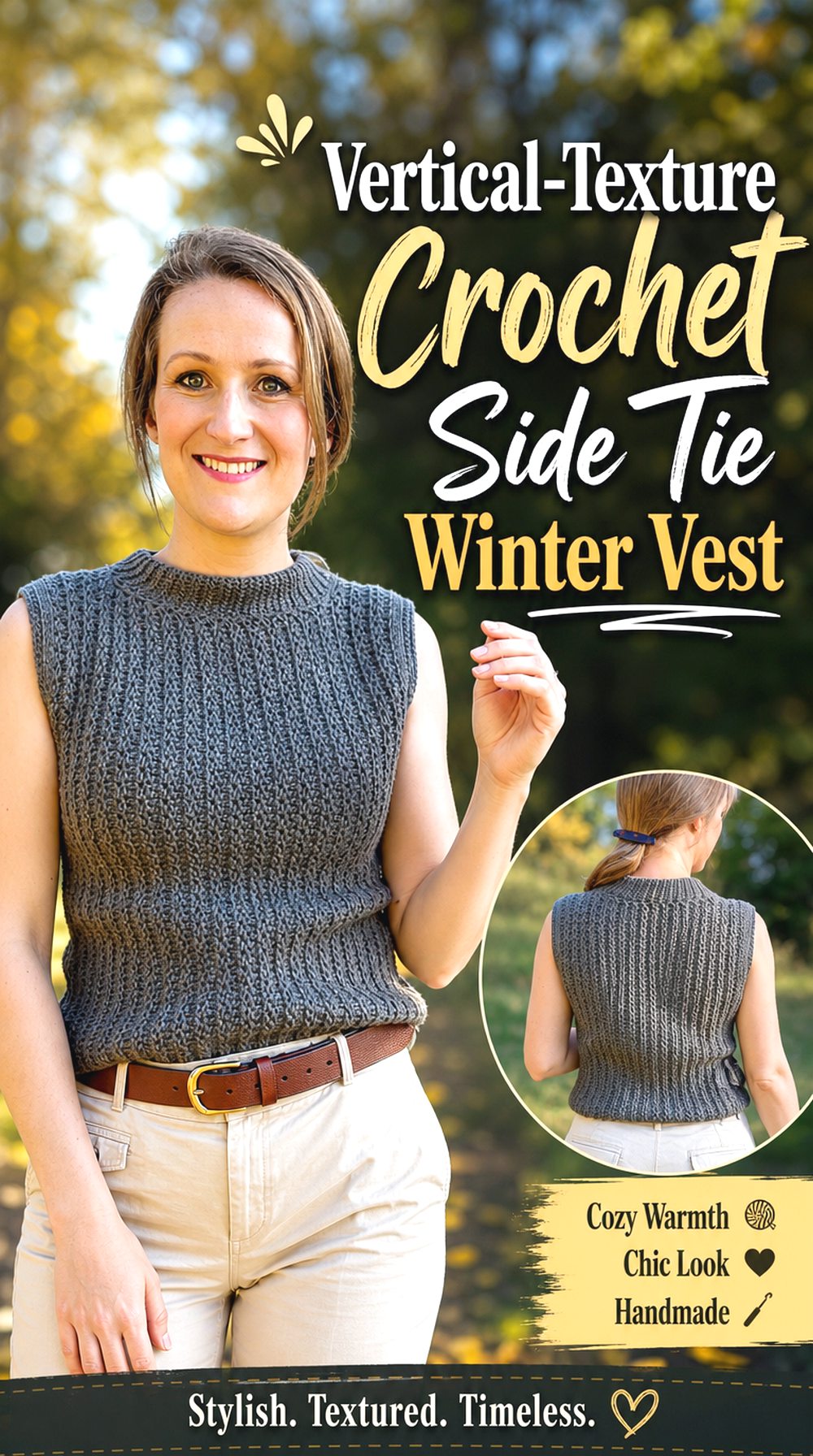 Vertical Texture Crochet Side Tie Winter Vest