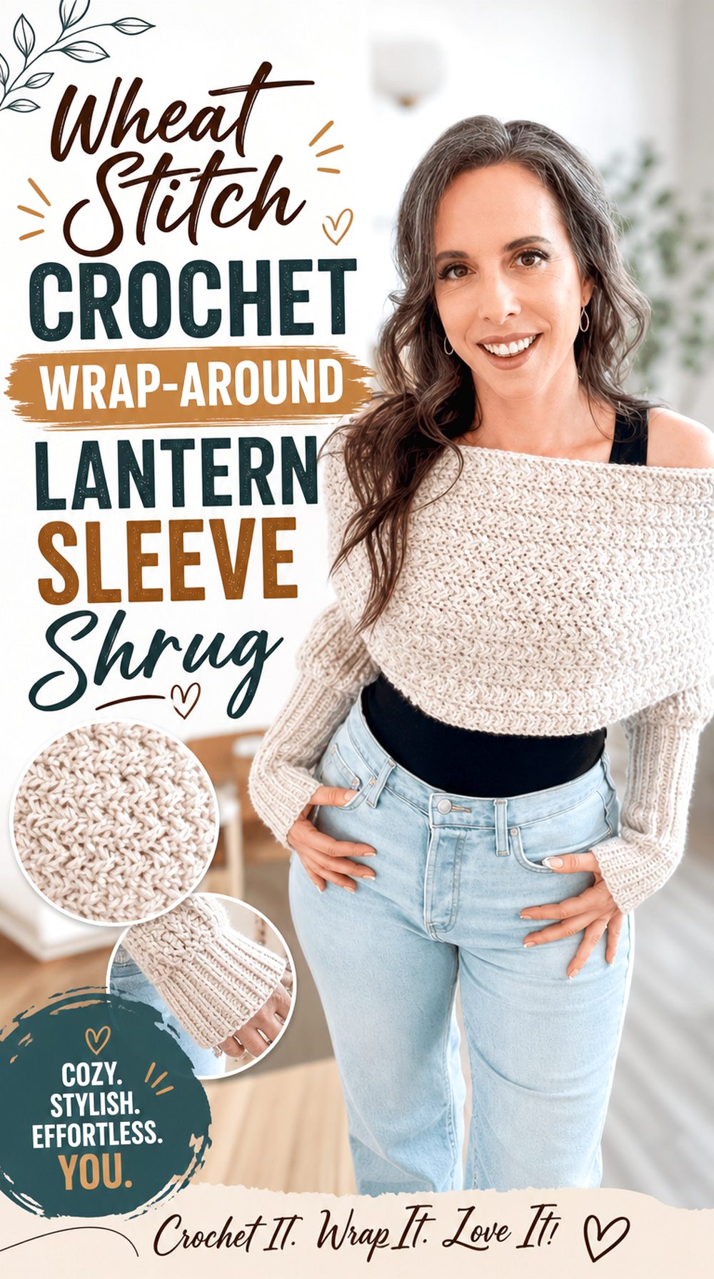 Wheat Stitch Crochet Wrap Around Lantern Sleeve Shrug