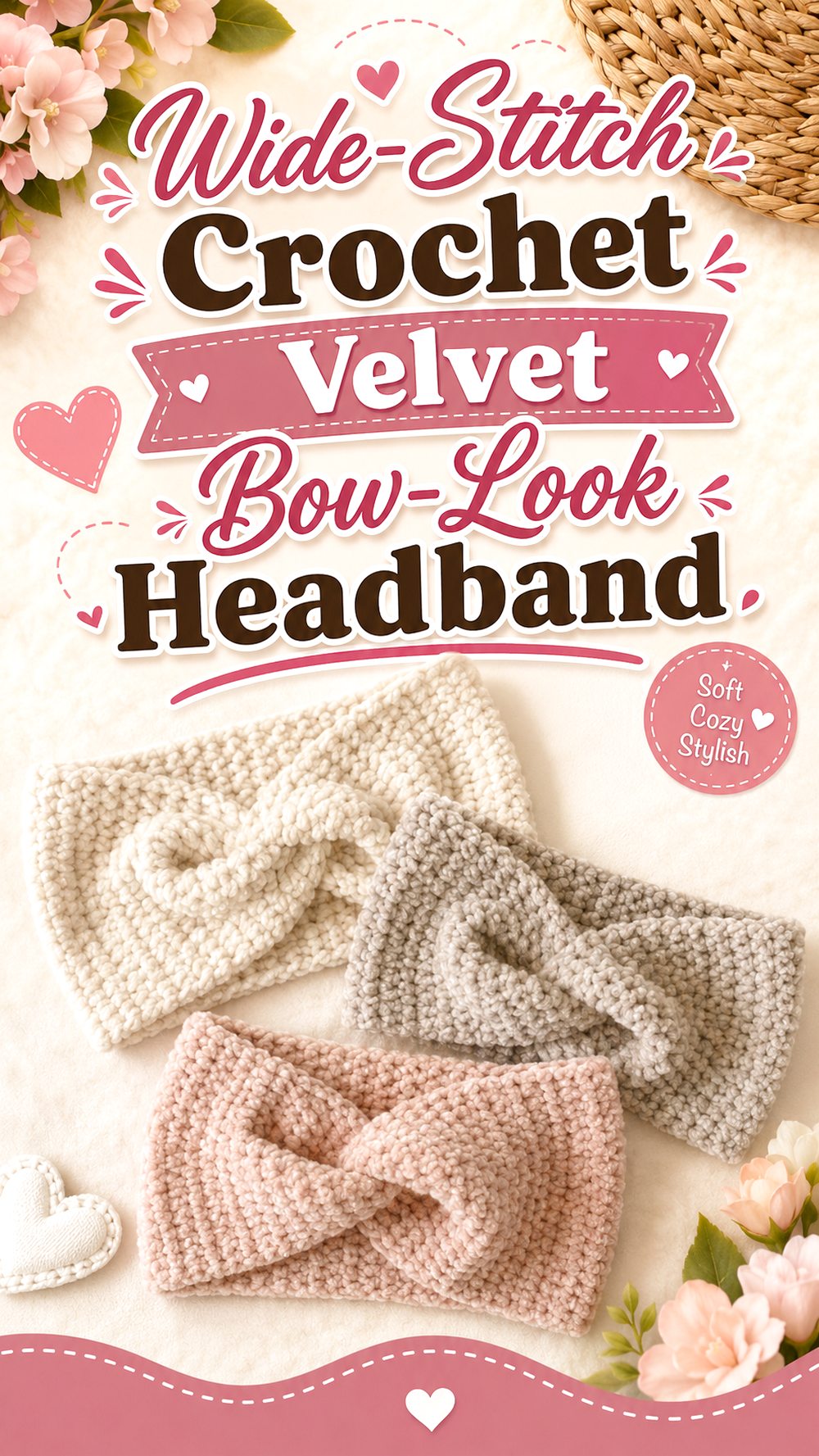 Wide Stitch Crochet Velvet Bow Look Headband