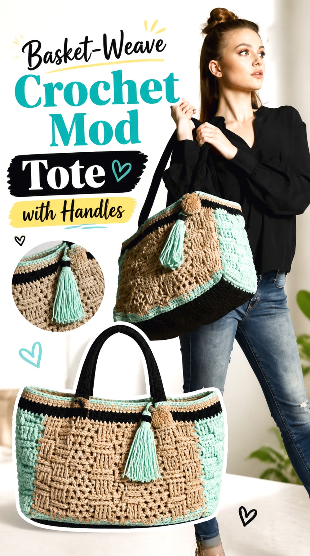 Basket Weave Crochet Mod Tote with Handles