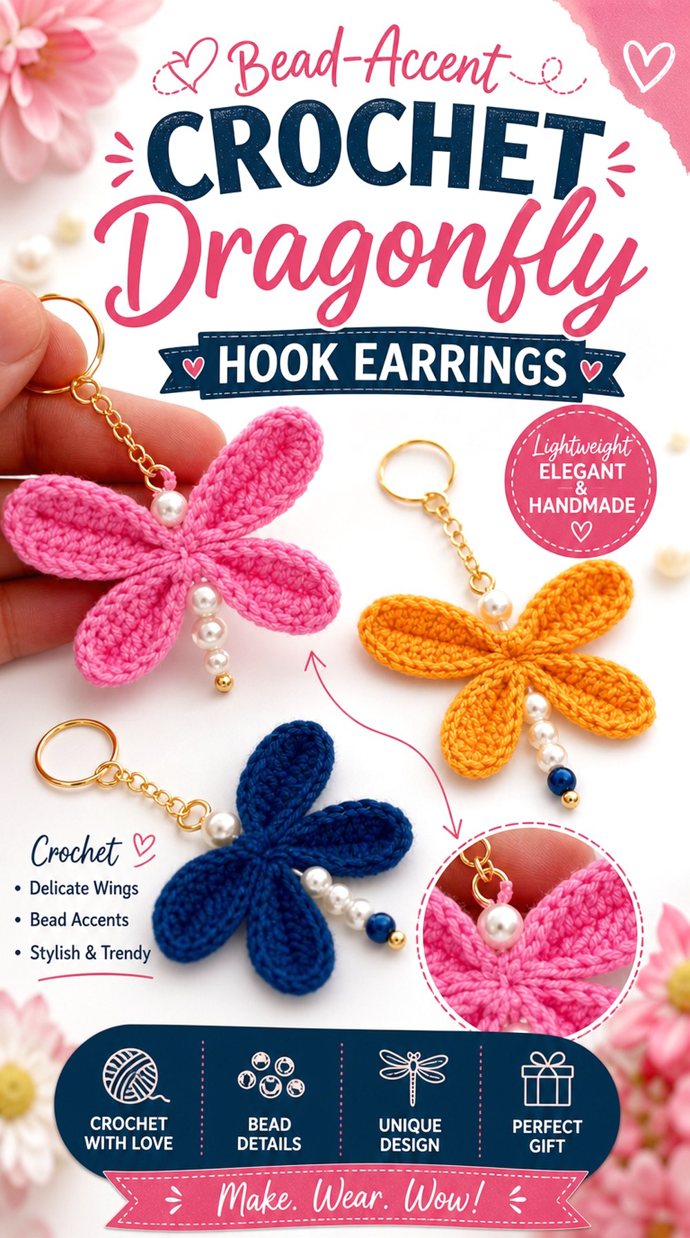 Bead Accent Crochet Dragonfly Hook Earrings