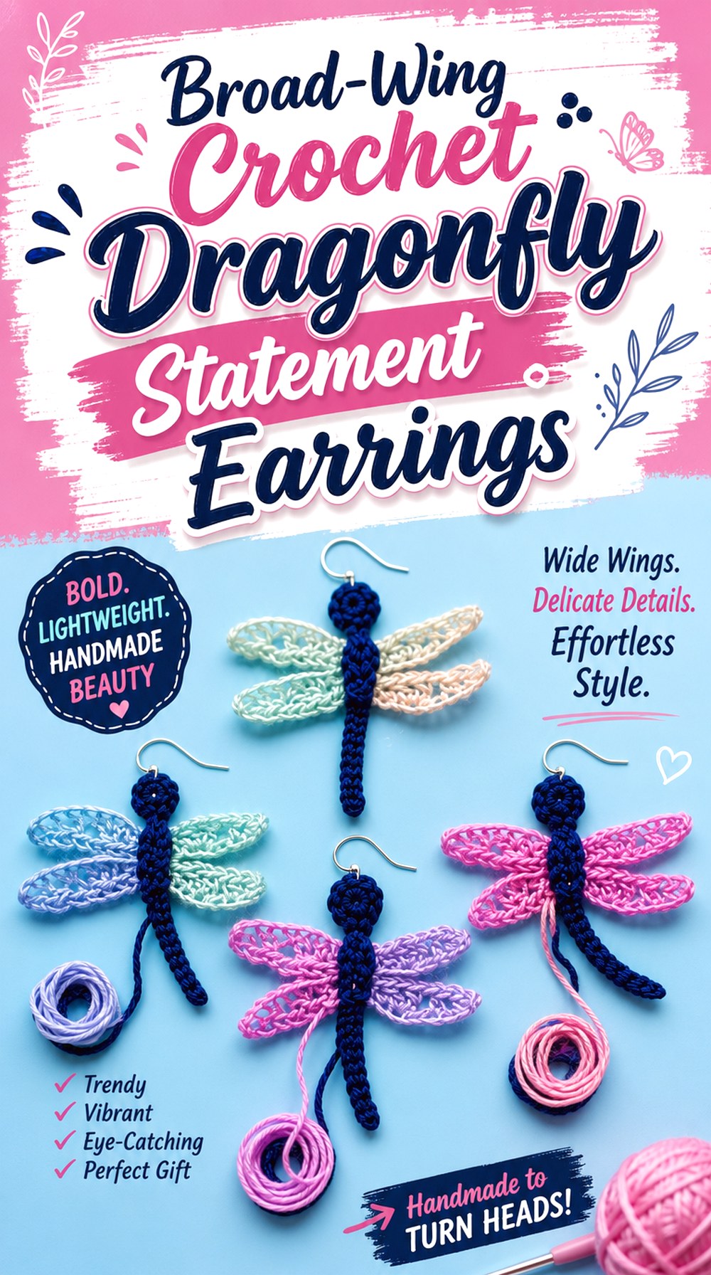 Broad Wing Crochet Dragonfly Statement Earrings