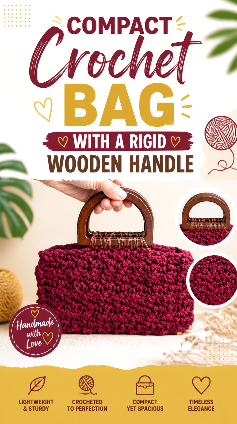 Compact Crochet Bag with a Rigid Wooden Handle