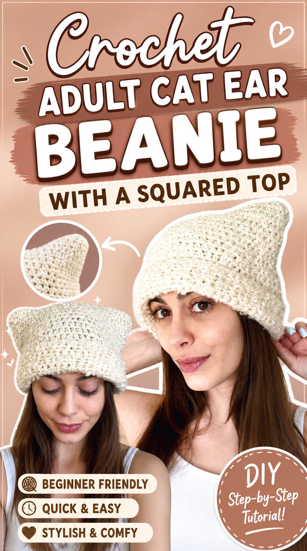 Crochet Adult Cat Ear Beanie with a Squared Top