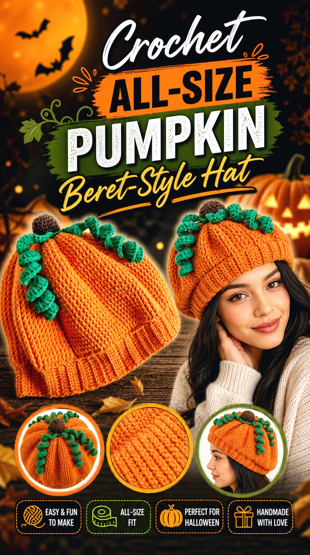 Crochet All Size Pumpkin Beret Style Hat