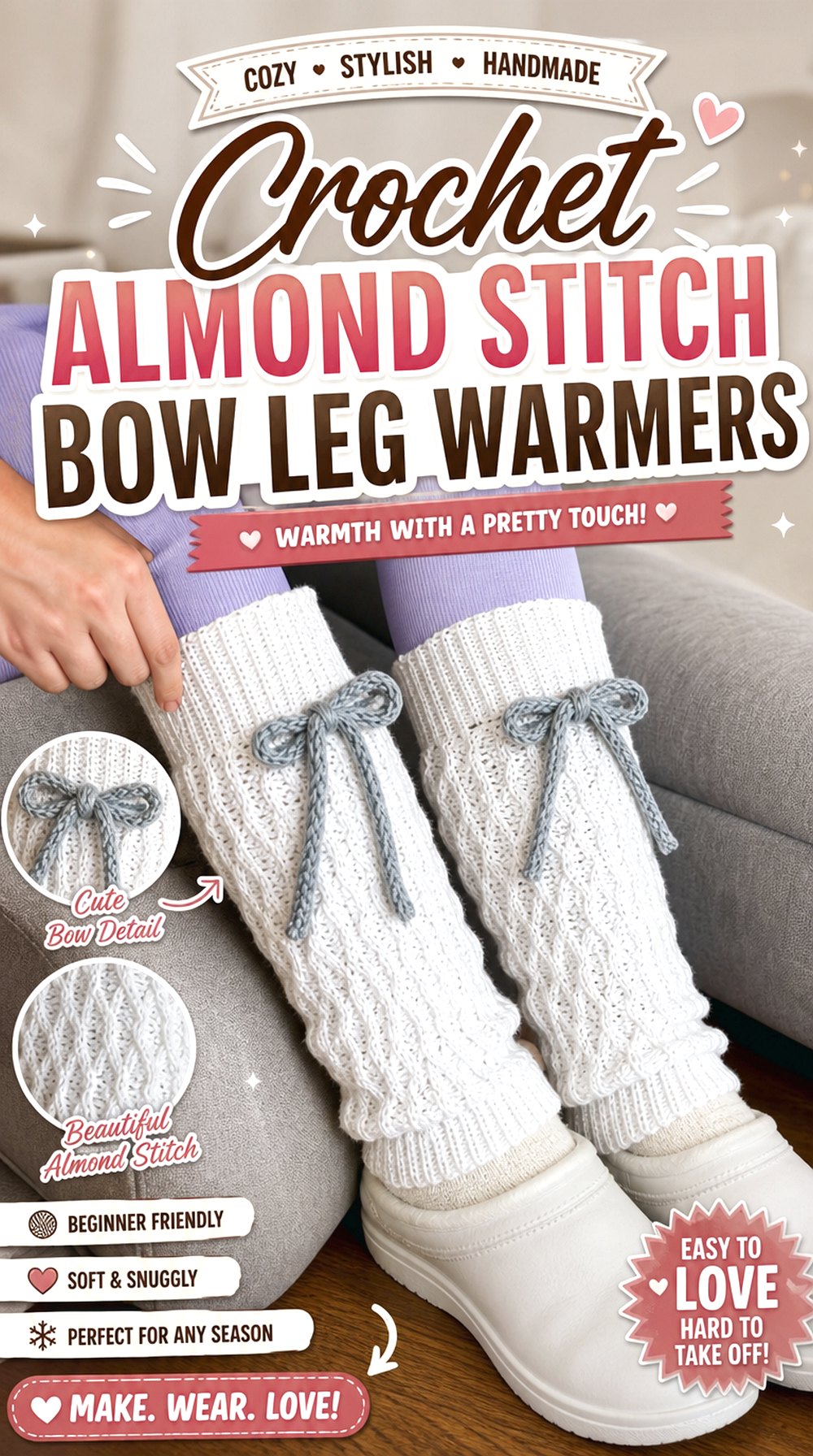 Crochet Almond Stitch Bow Leg Warmers
