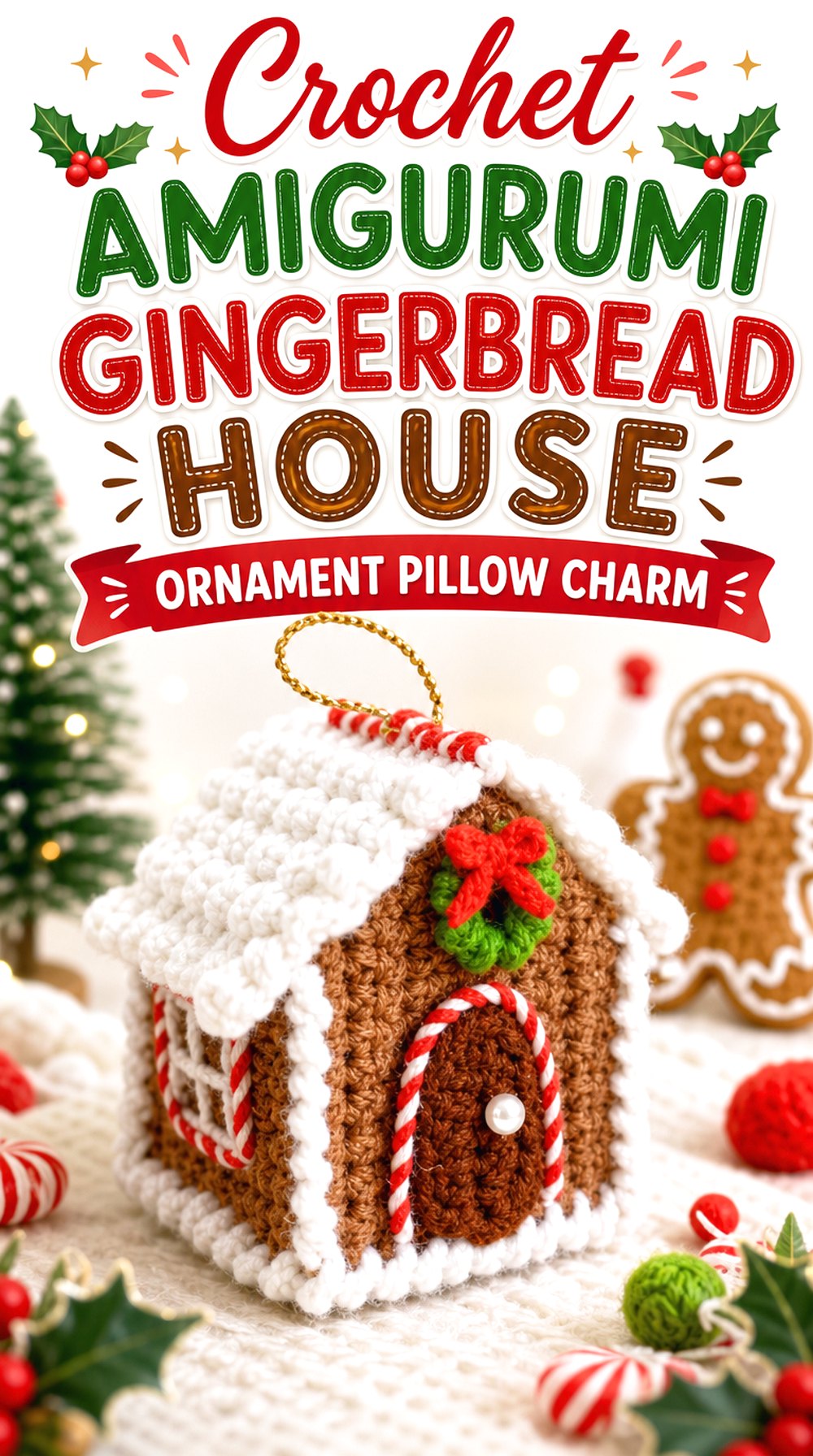 Crochet Amigurumi Gingerbread House Ornament Pillow Charm