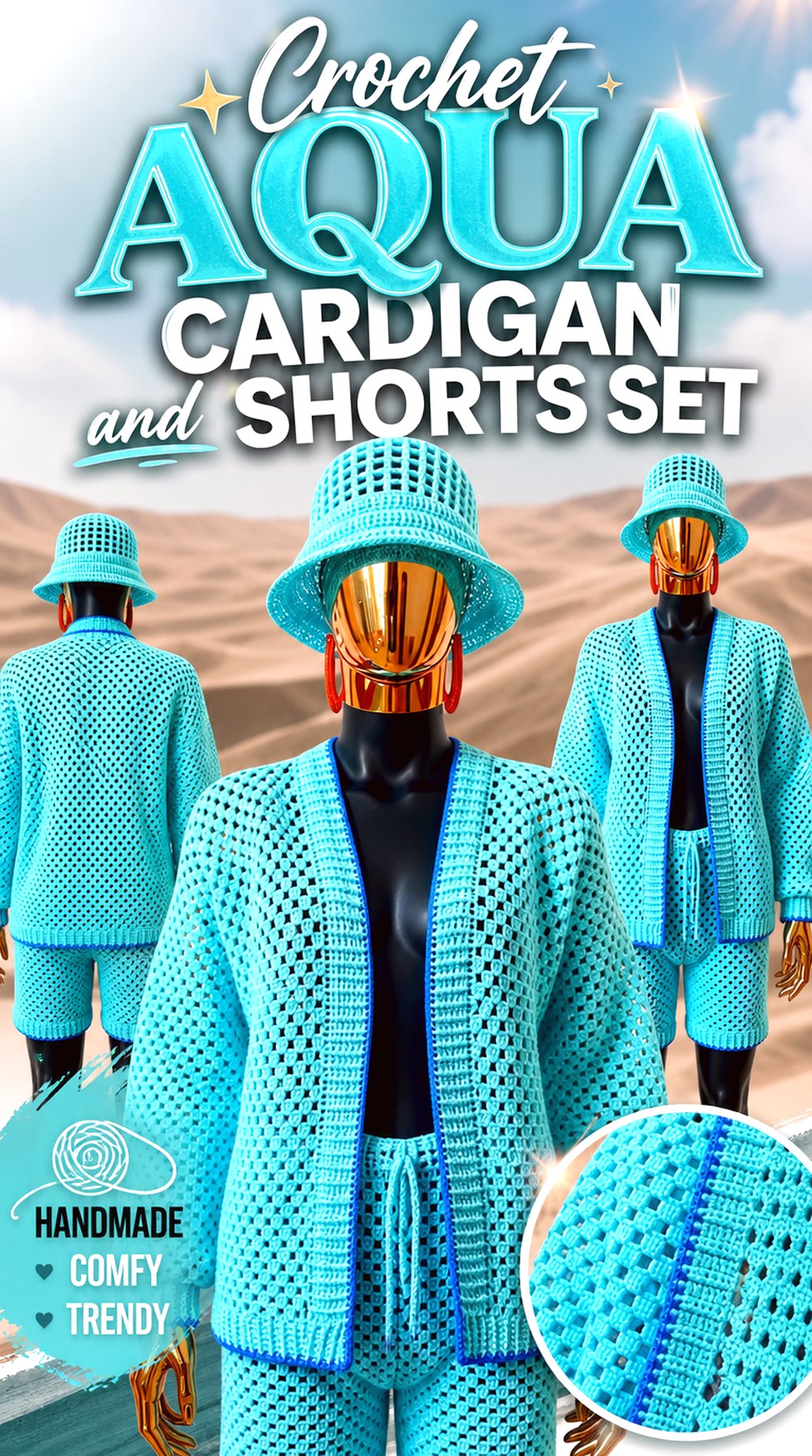 Crochet Aqua Cardigan and Shorts Set