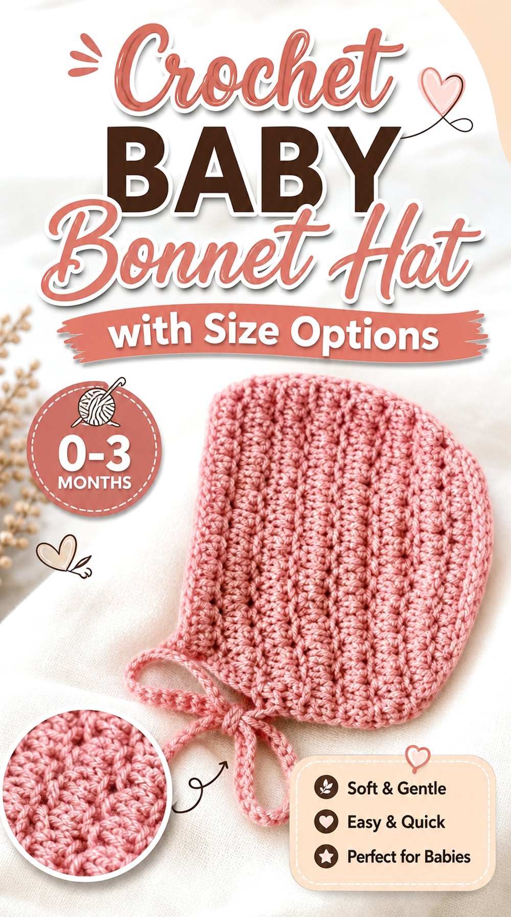 Crochet Baby Bonnet Hat with Size Options