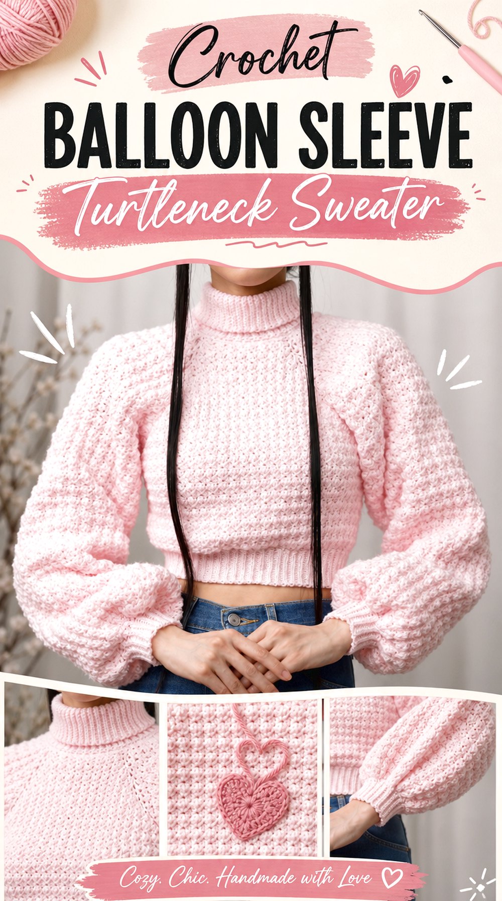 Crochet Balloon Sleeve Turtleneck Sweater