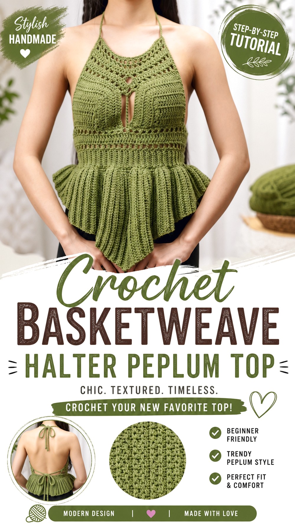 Crochet Basketweave Halter Peplum Top