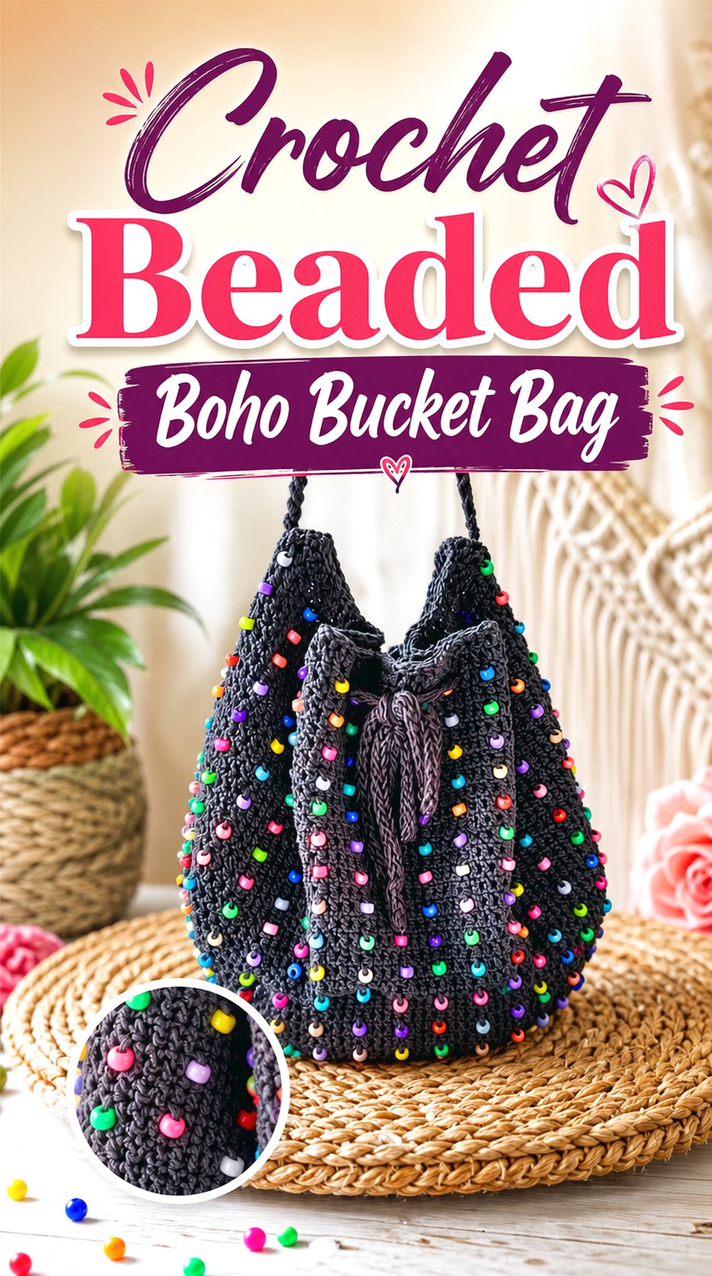 Crochet Beaded Boho Bucket Bag