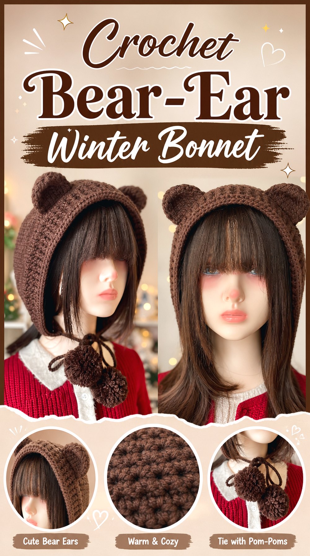 Crochet Bear Ear Winter Bonnet