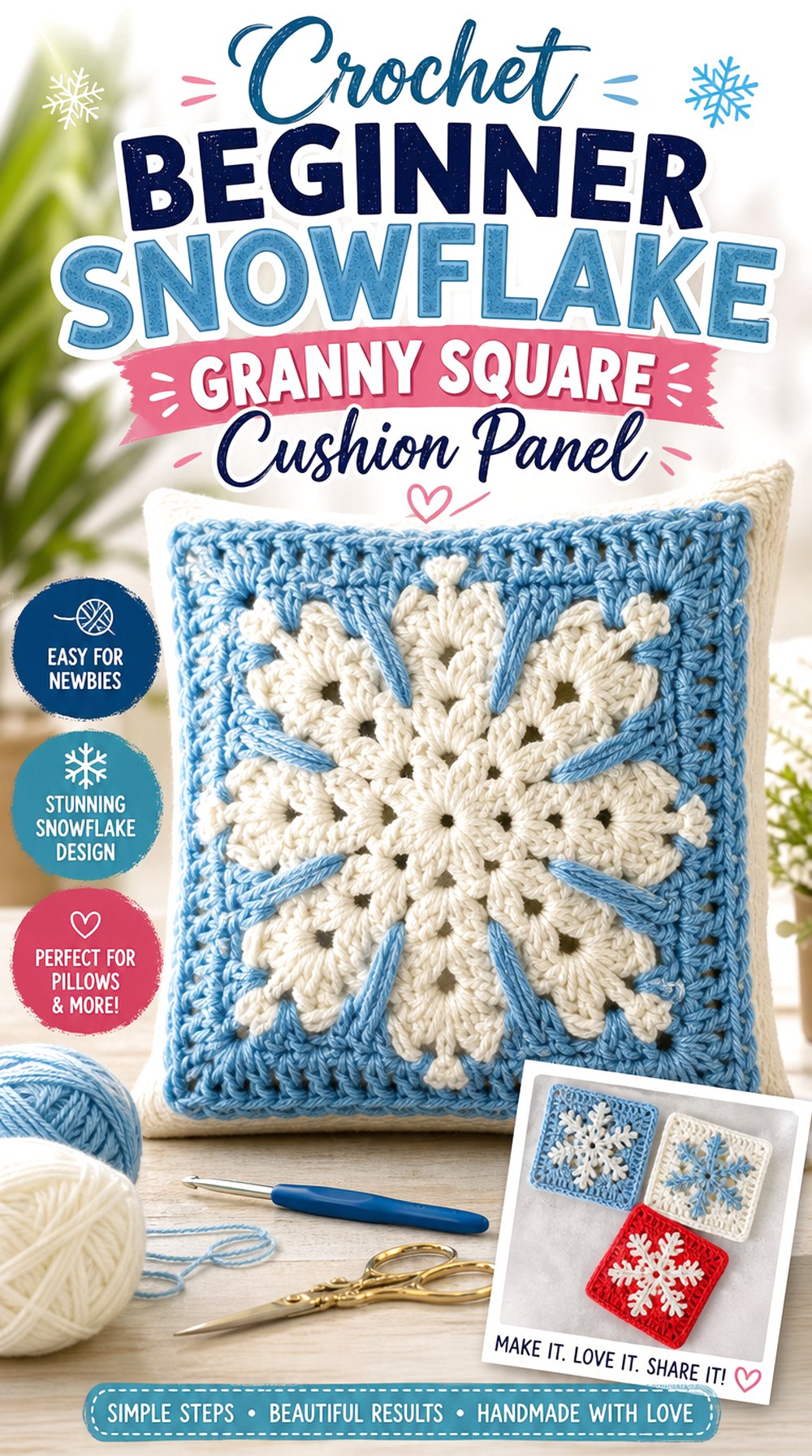 Crochet Beginner Snowflake Granny Square Cushion Panel