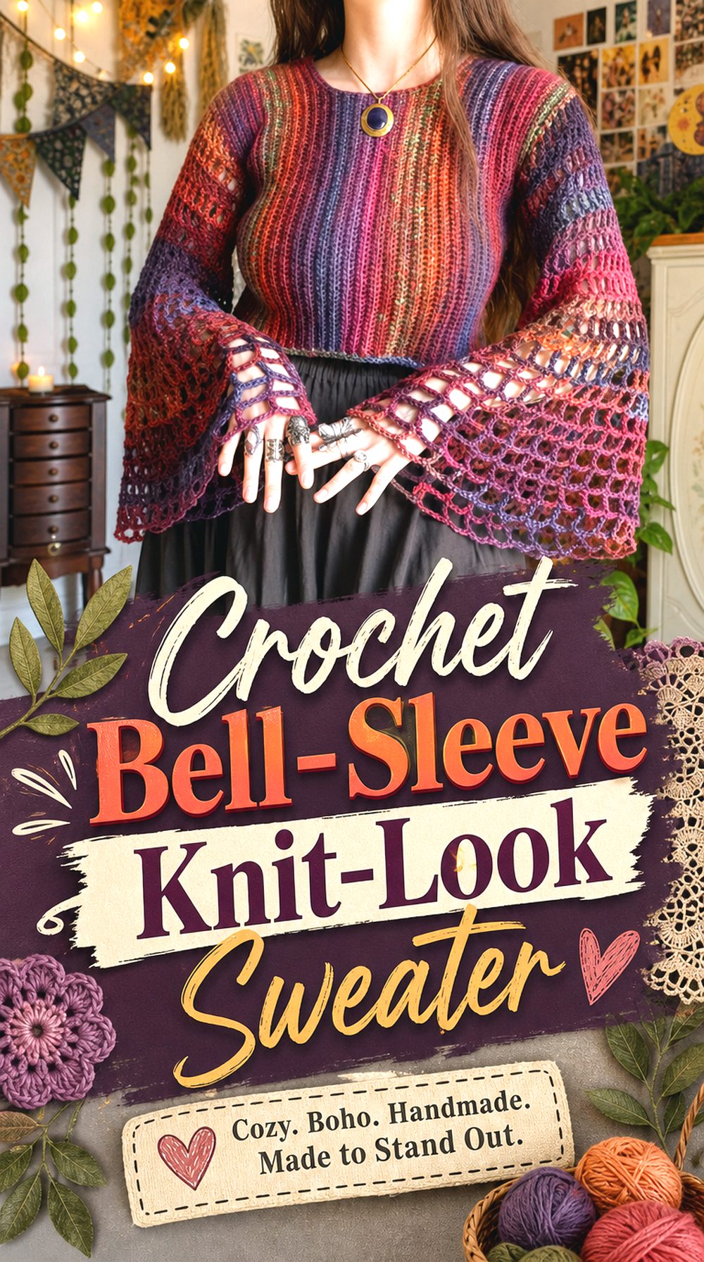 Crochet Bell Sleeve Knit Look Sweater