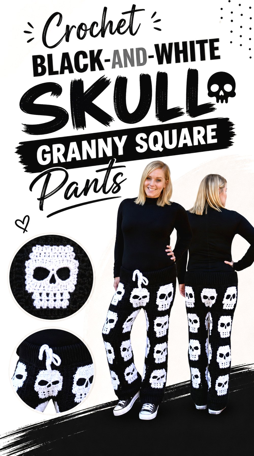 Crochet Black and White Skull Granny Square Pants