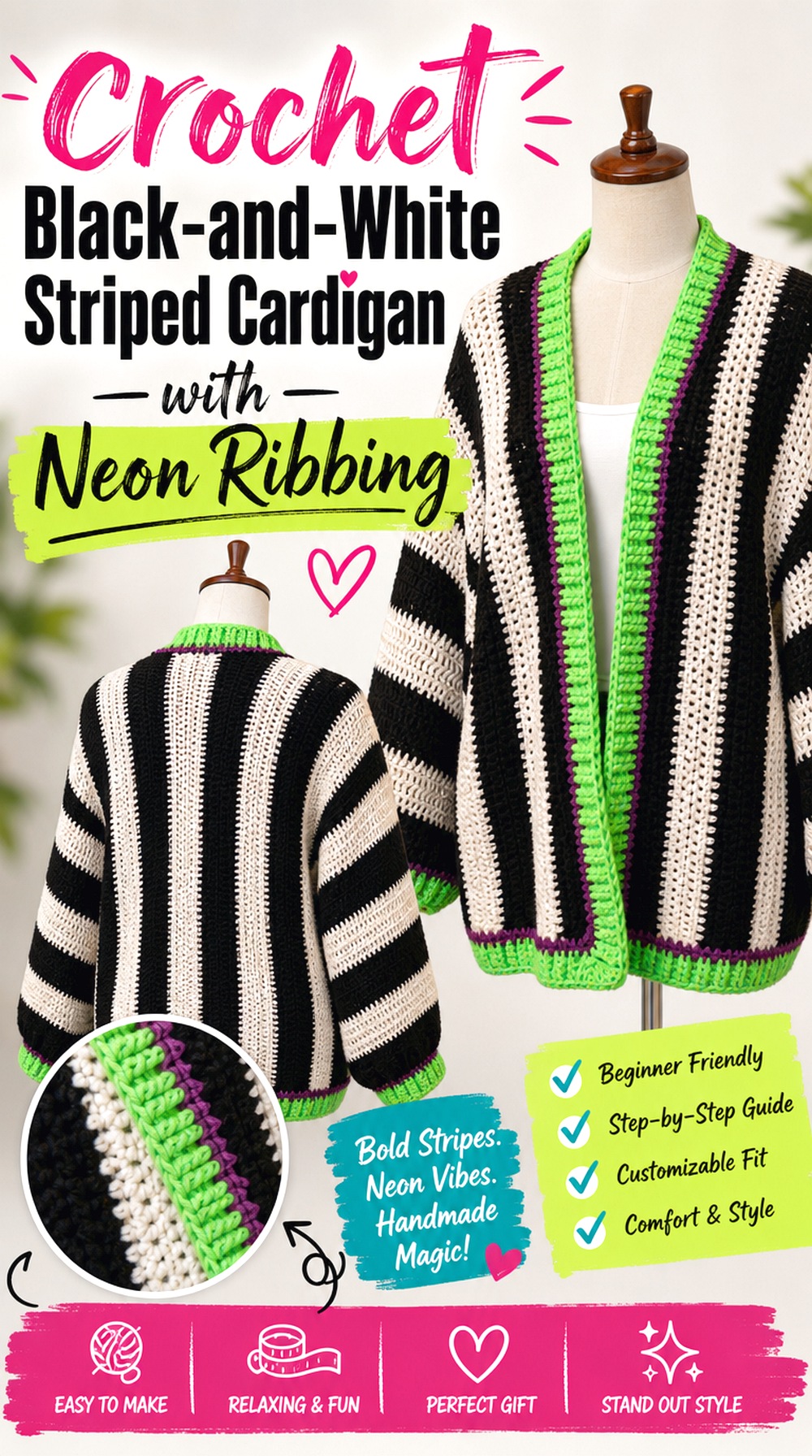 Crochet Black and White Striped Cardigan with Neon Ribbing