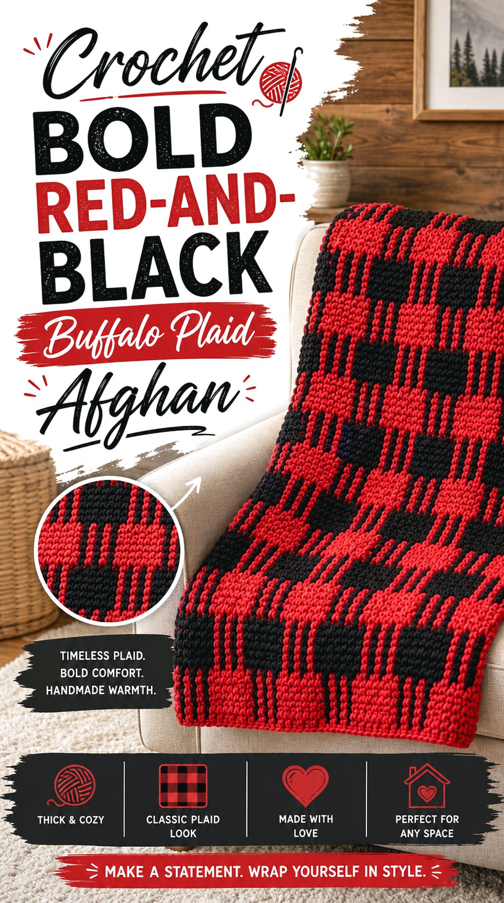 Crochet Bold Red and Black Buffalo Plaid Afghan