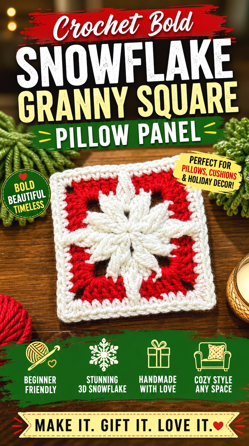 Crochet Bold Snowflake Granny Square Pillow Panel