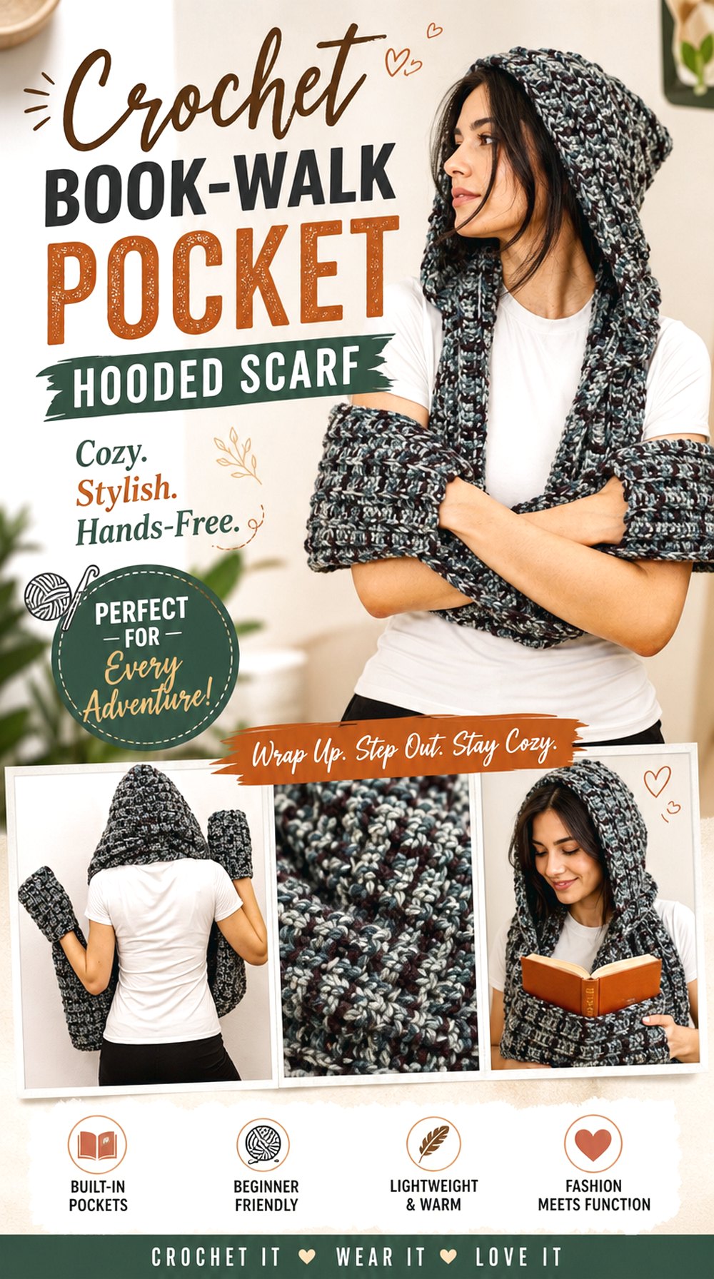 Crochet Book Walk Pocket Hooded Scarf