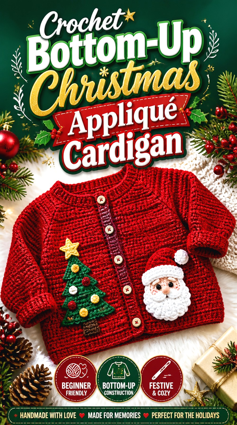 Crochet Bottom Up Christmas Appliqué Cardigan