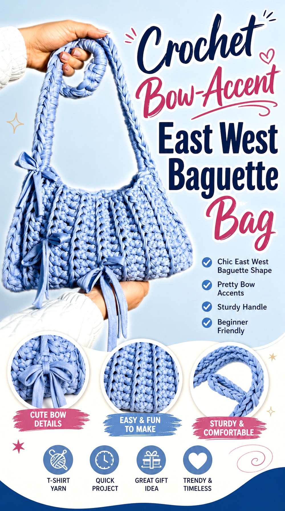 Crochet Bow Accent East West Baguette Bag