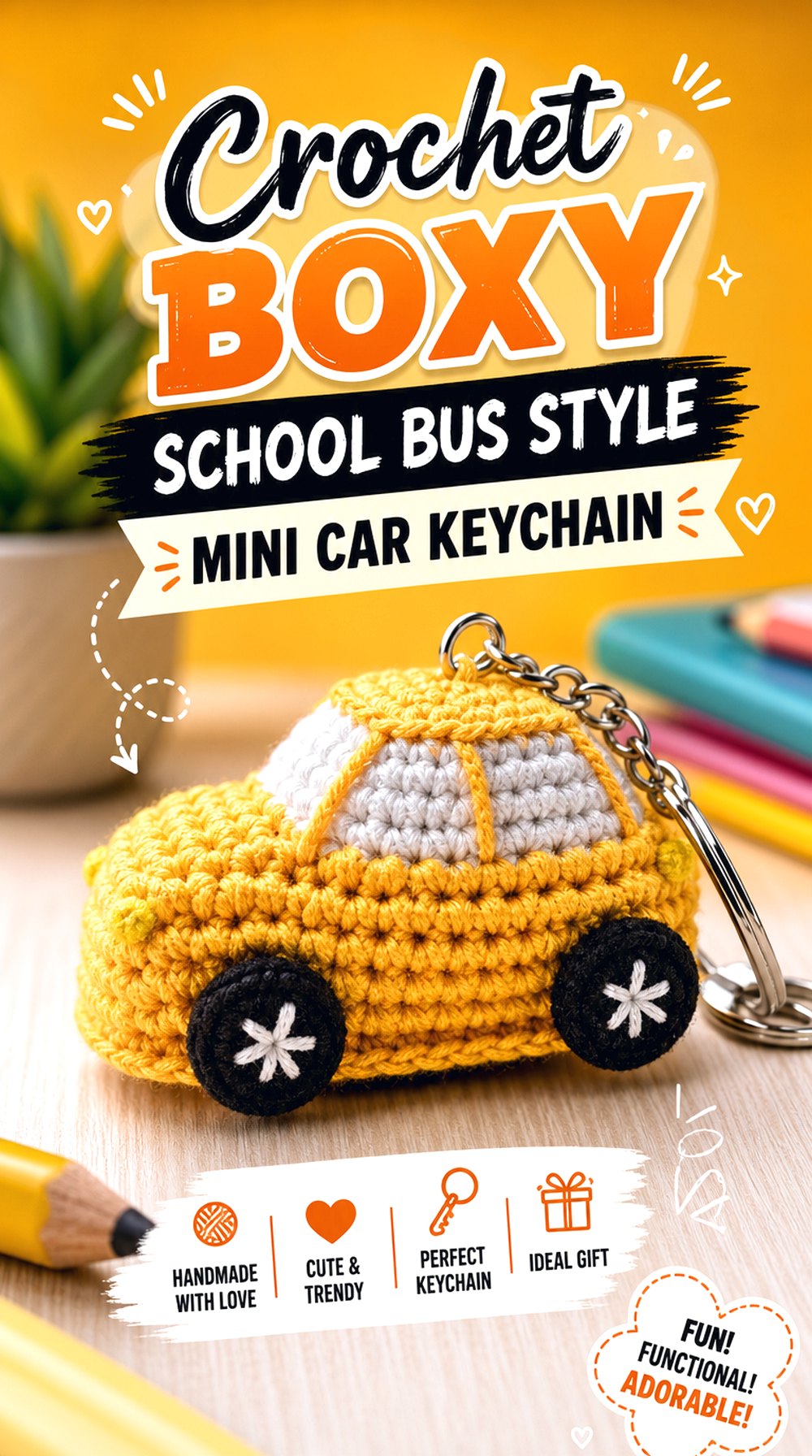 Crochet Boxy School Bus Style Mini Car Keychain
