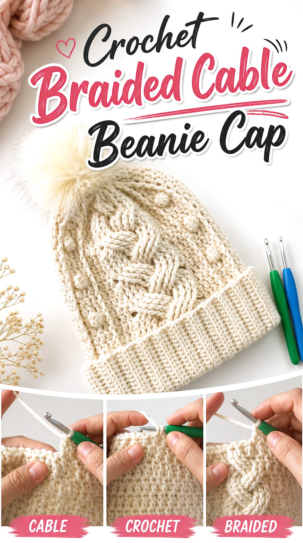 Crochet Braided Cable Beanie Cap
