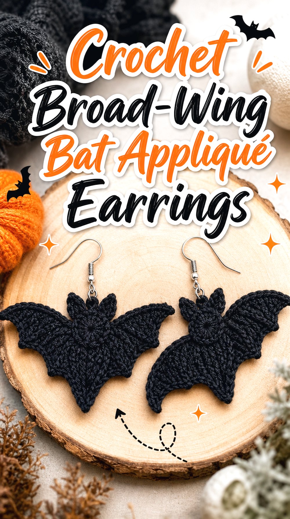 Crochet Broad Wing Bat Appliqué Earrings