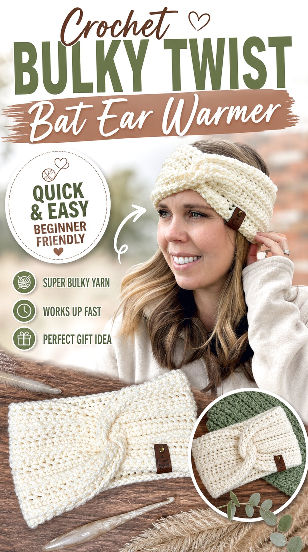 Crochet Bulky Twist Bat Ear Warmer