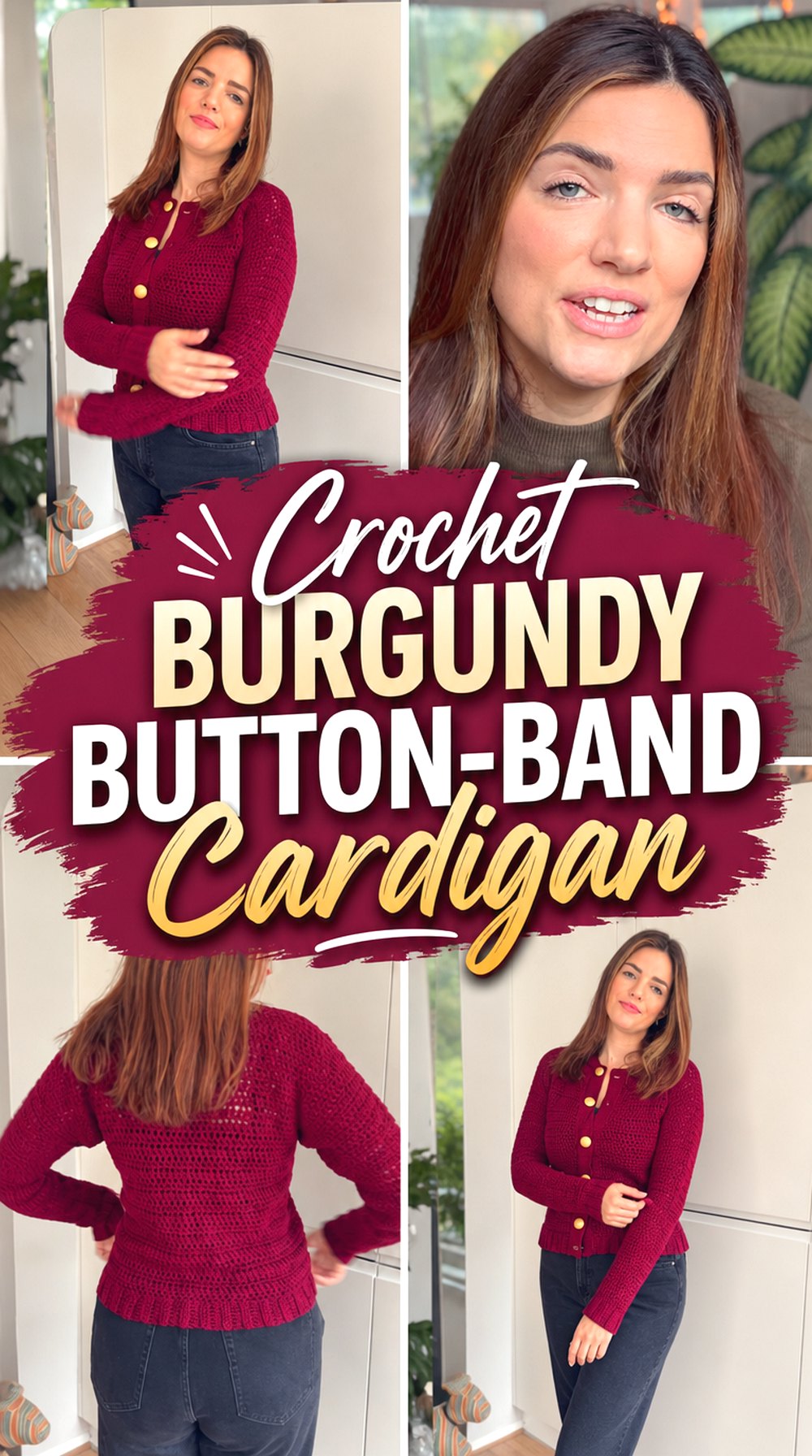 Crochet Burgundy Button Band Cardigan